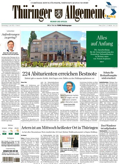 Titelbild der Ausgabe 152/2025 von Thüringer Allgemeine Apolda. Diese Zeitschrift und viele weitere Zeitungsabos als Abo oder epaper bei United Kiosk online kaufen.