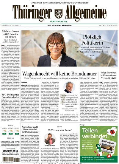 Titelbild der Ausgabe 154/2025 von Thüringer Allgemeine Apolda. Diese Zeitschrift und viele weitere Zeitungsabos als Abo oder epaper bei United Kiosk online kaufen.