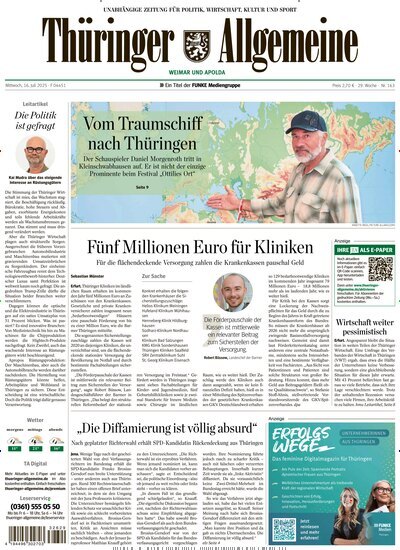 Titelbild der Ausgabe 163/2025 von Thüringer Allgemeine Apolda. Diese Zeitschrift und viele weitere Zeitungsabos als Abo oder epaper bei United Kiosk online kaufen.