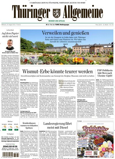 Titelbild der Ausgabe 193/2025 von Thüringer Allgemeine Apolda. Diese Zeitschrift und viele weitere Zeitungsabos als Abo oder epaper bei United Kiosk online kaufen.