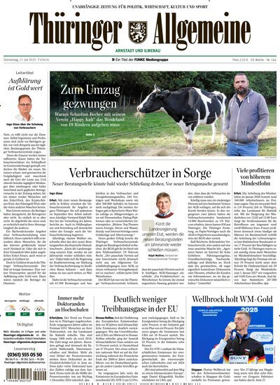 Titelbild der Ausgabe 164/2025 von Thüringer Allgemeine Arnstadt Ilmenau. Diese Zeitschrift und viele weitere Zeitungsabos als Abo oder epaper bei United Kiosk online kaufen.