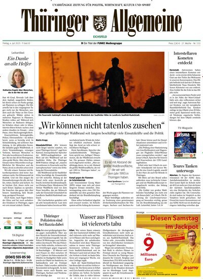 Titelbild der Ausgabe 153/2025 von Thüringer Allgemeine Eichsfeld. Diese Zeitschrift und viele weitere Zeitungsabos als Abo oder epaper bei United Kiosk online kaufen.