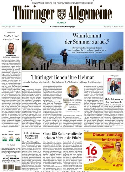 Titelbild der Ausgabe 177/2025 von Thüringer Allgemeine Eichsfeld. Diese Zeitschrift und viele weitere Zeitungsabos als Abo oder epaper bei United Kiosk online kaufen.