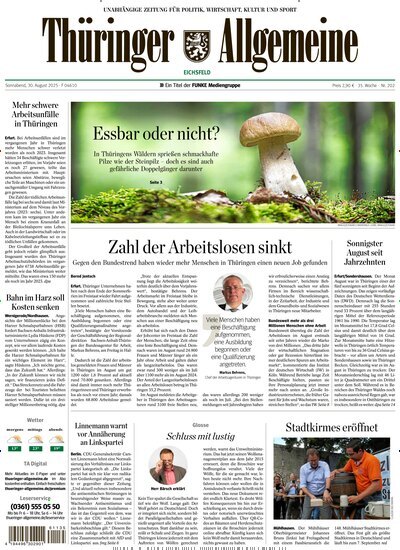 Titelbild der Ausgabe 202/2025 von Thüringer Allgemeine Eichsfeld. Diese Zeitschrift und viele weitere Zeitungsabos als Abo oder epaper bei United Kiosk online kaufen.