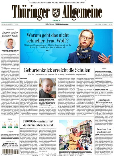 Titelbild der Ausgabe 137/2025 von Thüringer Allgemeine Eisenach. Diese Zeitschrift und viele weitere Zeitungsabos als Abo oder epaper bei United Kiosk online kaufen.