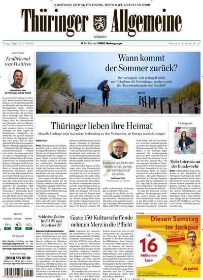 Titelbild der Ausgabe 177/2025 von Thüringer Allgemeine Eisenach. Diese Zeitschrift und viele weitere Zeitungsabos als Abo oder epaper bei United Kiosk online kaufen.