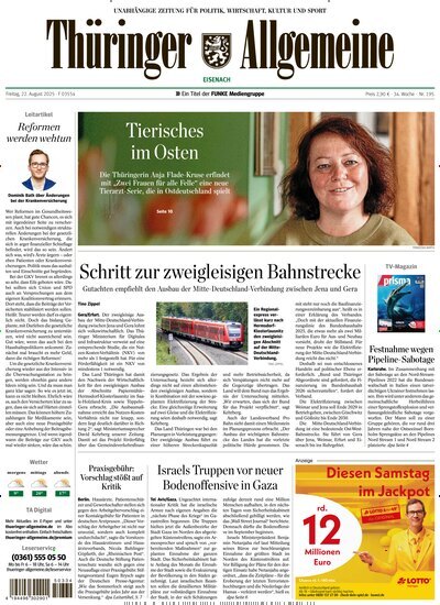 Titelbild der Ausgabe 195/2025 von Thüringer Allgemeine Eisenach. Diese Zeitschrift und viele weitere Zeitungsabos als Abo oder epaper bei United Kiosk online kaufen.