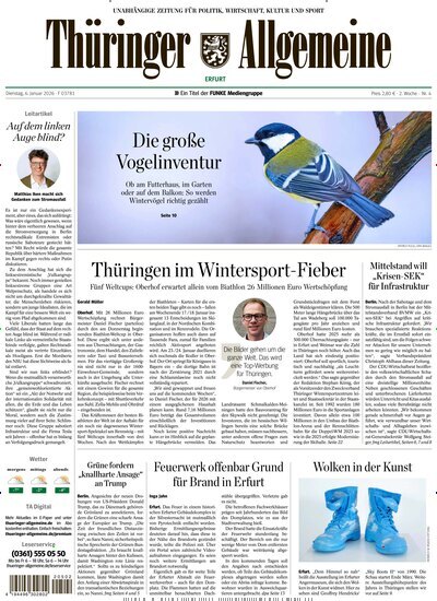 Titelbild der Ausgabe 4/2026 von Thüringer Allgemeine Erfurt. Diese Zeitschrift und viele weitere Zeitungsabos als Abo oder epaper bei United Kiosk online kaufen.