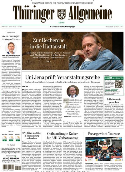 Titelbild der Ausgabe 5/2026 von Thüringer Allgemeine Erfurt. Diese Zeitschrift und viele weitere Zeitungsabos als Abo oder epaper bei United Kiosk online kaufen.