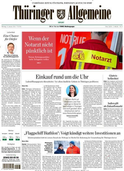 Titelbild der Ausgabe 9/2026 von Thüringer Allgemeine Erfurt. Diese Zeitschrift und viele weitere Zeitungsabos als Abo oder epaper bei United Kiosk online kaufen.
