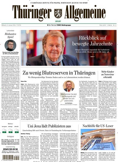 Titelbild der Ausgabe 11/2026 von Thüringer Allgemeine Erfurt. Diese Zeitschrift und viele weitere Zeitungsabos als Abo oder epaper bei United Kiosk online kaufen.