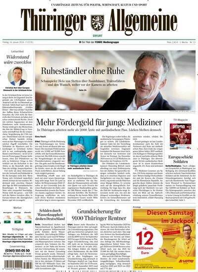 Titelbild der Ausgabe 13/2026 von Thüringer Allgemeine Erfurt. Diese Zeitschrift und viele weitere Zeitungsabos als Abo oder epaper bei United Kiosk online kaufen.