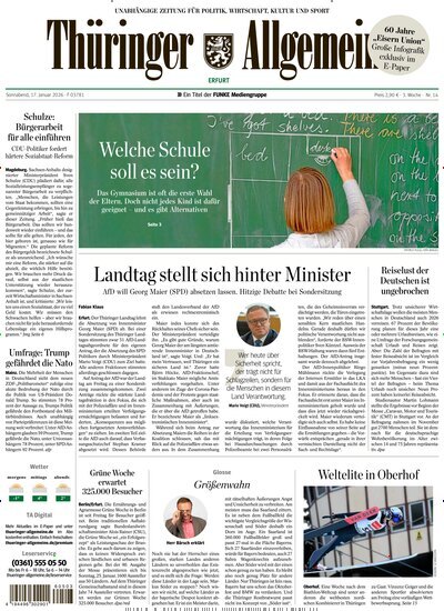 Titelbild der Ausgabe 14/2026 von Thüringer Allgemeine Erfurt. Diese Zeitschrift und viele weitere Zeitungsabos als Abo oder epaper bei United Kiosk online kaufen.