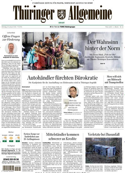 Titelbild der Ausgabe 16/2026 von Thüringer Allgemeine Erfurt. Diese Zeitschrift und viele weitere Zeitungsabos als Abo oder epaper bei United Kiosk online kaufen.