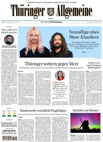 Titelbild der Ausgabe 17/2026 von Thüringer Allgemeine Erfurt. Diese Zeitschrift und viele weitere Zeitungsabos als Abo oder epaper bei United Kiosk online kaufen.
