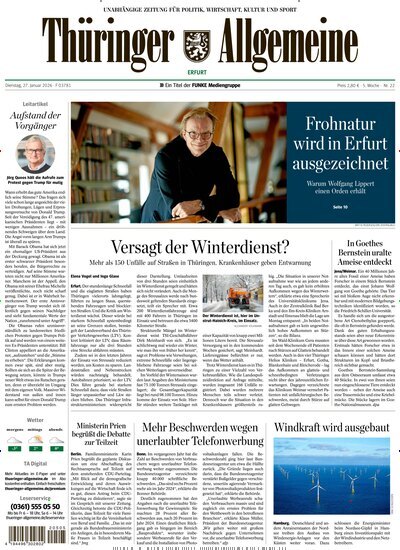 Titelbild der Ausgabe 22/2026 von Thüringer Allgemeine Erfurt. Diese Zeitschrift und viele weitere Zeitungsabos als Abo oder epaper bei United Kiosk online kaufen.