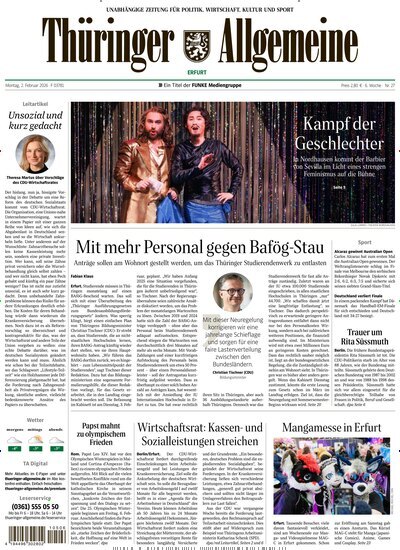 Titelbild der Ausgabe 27/2026 von Thüringer Allgemeine Erfurt. Diese Zeitschrift und viele weitere Zeitungsabos als Abo oder epaper bei United Kiosk online kaufen.