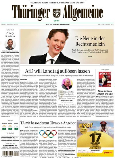Titelbild der Ausgabe 31/2026 von Thüringer Allgemeine Erfurt. Diese Zeitschrift und viele weitere Zeitungsabos als Abo oder epaper bei United Kiosk online kaufen.