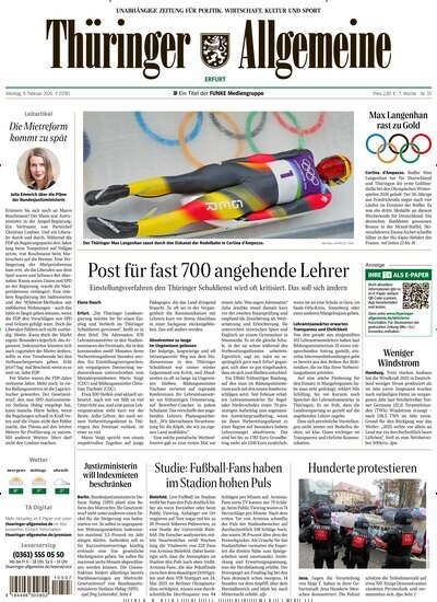 Titelbild der Ausgabe 33/2026 von Thüringer Allgemeine Erfurt. Diese Zeitschrift und viele weitere Zeitungsabos als Abo oder epaper bei United Kiosk online kaufen.