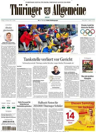 Titelbild der Ausgabe 37/2026 von Thüringer Allgemeine Erfurt. Diese Zeitschrift und viele weitere Zeitungsabos als Abo oder epaper bei United Kiosk online kaufen.