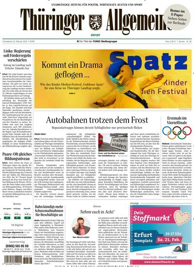 Titelbild der Ausgabe 38/2026 von Thüringer Allgemeine Erfurt. Diese Zeitschrift und viele weitere Zeitungsabos als Abo oder epaper bei United Kiosk online kaufen.