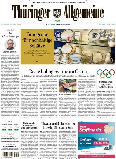 Titelbild der Ausgabe 42/2026 von Thüringer Allgemeine Erfurt. Diese Zeitschrift und viele weitere Zeitungsabos als Abo oder epaper bei United Kiosk online kaufen.