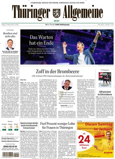 Titelbild der Ausgabe 49/2026 von Thüringer Allgemeine Erfurt. Diese Zeitschrift und viele weitere Zeitungsabos als Abo oder epaper bei United Kiosk online kaufen.
