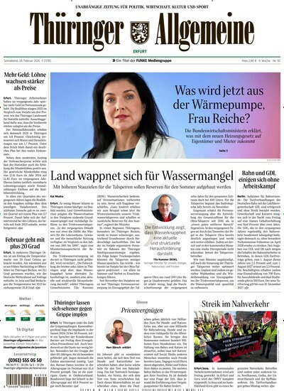 Titelbild der Ausgabe 50/2026 von Thüringer Allgemeine Erfurt. Diese Zeitschrift und viele weitere Zeitungsabos als Abo oder epaper bei United Kiosk online kaufen.