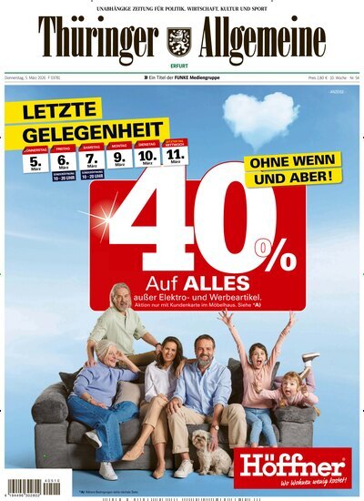 Titelbild der Ausgabe 54/2026 von Thüringer Allgemeine Erfurt. Diese Zeitschrift und viele weitere Zeitungsabos als Abo oder epaper bei United Kiosk online kaufen.