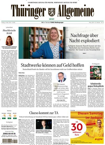 Titelbild der Ausgabe 55/2026 von Thüringer Allgemeine Erfurt. Diese Zeitschrift und viele weitere Zeitungsabos als Abo oder epaper bei United Kiosk online kaufen.