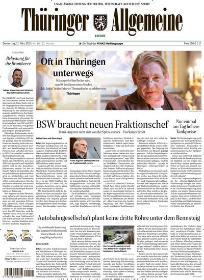 Titelbild der Ausgabe 60/2026 von Thüringer Allgemeine Erfurt. Diese Zeitschrift und viele weitere Zeitungsabos als Abo oder epaper bei United Kiosk online kaufen.