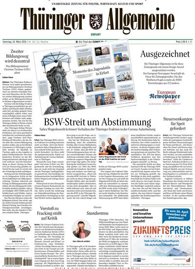 Titelbild der Ausgabe 62/2026 von Thüringer Allgemeine Erfurt. Diese Zeitschrift und viele weitere Zeitungsabos als Abo oder epaper bei United Kiosk online kaufen.