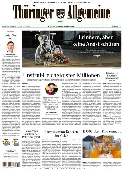 Titelbild der Ausgabe 63/2026 von Thüringer Allgemeine Erfurt. Diese Zeitschrift und viele weitere Zeitungsabos als Abo oder epaper bei United Kiosk online kaufen.