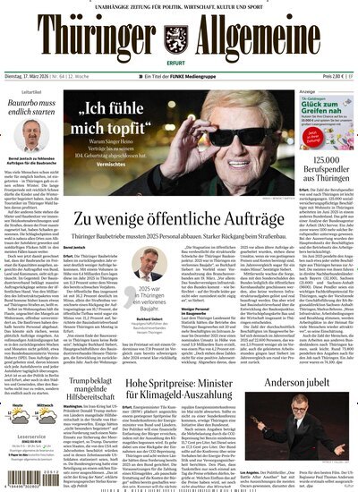 Titelbild der Ausgabe 64/2026 von Thüringer Allgemeine Erfurt. Diese Zeitschrift und viele weitere Zeitungsabos als Abo oder epaper bei United Kiosk online kaufen.
