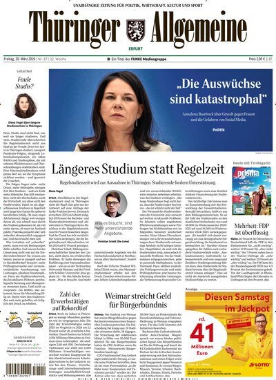 Titelbild der Ausgabe 67/2026 von Thüringer Allgemeine Erfurt. Diese Zeitschrift und viele weitere Zeitungsabos als Abo oder epaper bei United Kiosk online kaufen.
