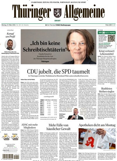 Titelbild der Ausgabe 69/2026 von Thüringer Allgemeine Erfurt. Diese Zeitschrift und viele weitere Zeitungsabos als Abo oder epaper bei United Kiosk online kaufen.