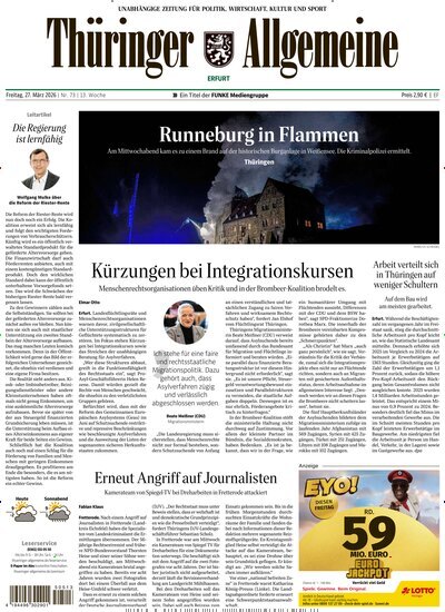 Titelbild der Ausgabe 73/2026 von Thüringer Allgemeine Erfurt. Diese Zeitschrift und viele weitere Zeitungsabos als Abo oder epaper bei United Kiosk online kaufen.