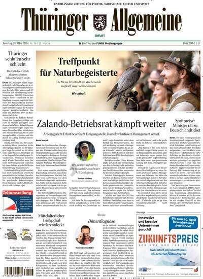 Titelbild der Ausgabe 74/2026 von Thüringer Allgemeine Erfurt. Diese Zeitschrift und viele weitere Zeitungsabos als Abo oder epaper bei United Kiosk online kaufen.