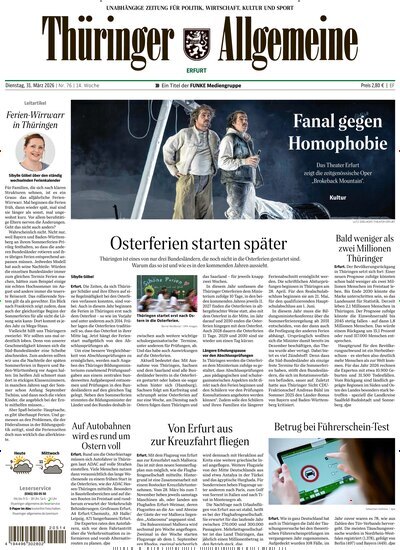 Titelbild der Ausgabe 76/2026 von Thüringer Allgemeine Erfurt. Diese Zeitschrift und viele weitere Zeitungsabos als Abo oder epaper bei United Kiosk online kaufen.