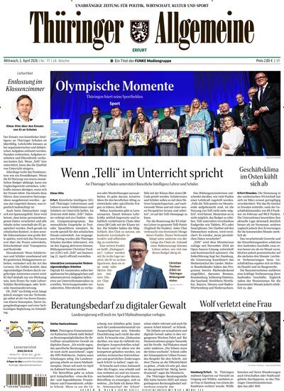 Titelbild der Ausgabe 77/2026 von Thüringer Allgemeine Erfurt. Diese Zeitschrift und viele weitere Zeitungsabos als Abo oder epaper bei United Kiosk online kaufen.