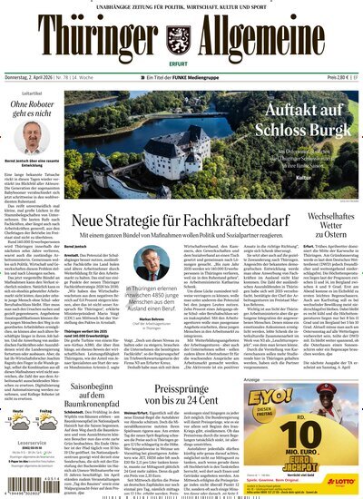 Titelbild der Ausgabe 78/2026 von Thüringer Allgemeine Erfurt. Diese Zeitschrift und viele weitere Zeitungsabos als Abo oder epaper bei United Kiosk online kaufen.