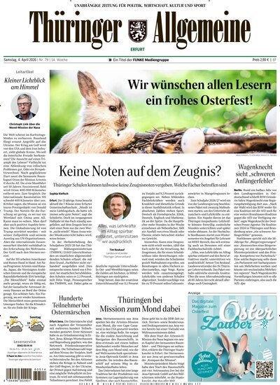 Titelbild der Ausgabe 79/2026 von Thüringer Allgemeine Erfurt. Diese Zeitschrift und viele weitere Zeitungsabos als Abo oder epaper bei United Kiosk online kaufen.