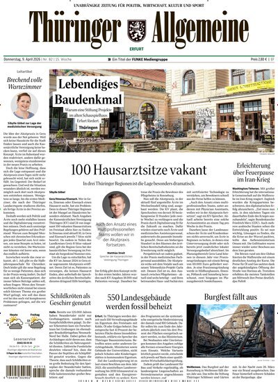 Titelbild der Ausgabe 82/2026 von Thüringer Allgemeine Erfurt. Diese Zeitschrift und viele weitere Zeitungsabos als Abo oder epaper bei United Kiosk online kaufen.