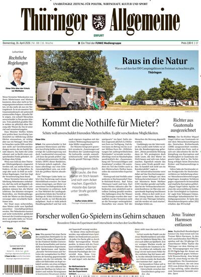 Titelbild der Ausgabe 88/2026 von Thüringer Allgemeine Erfurt. Diese Zeitschrift und viele weitere Zeitungsabos als Abo oder epaper bei United Kiosk online kaufen.