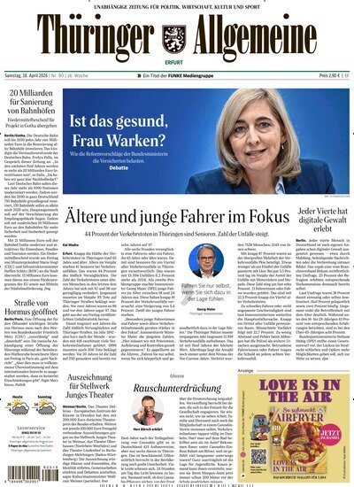 Titelbild der Ausgabe 90/2026 von Thüringer Allgemeine Erfurt. Diese Zeitschrift und viele weitere Zeitungsabos als Abo oder epaper bei United Kiosk online kaufen.