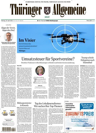 Titelbild der Ausgabe 91/2026 von Thüringer Allgemeine Erfurt. Diese Zeitschrift und viele weitere Zeitungsabos als Abo oder epaper bei United Kiosk online kaufen.