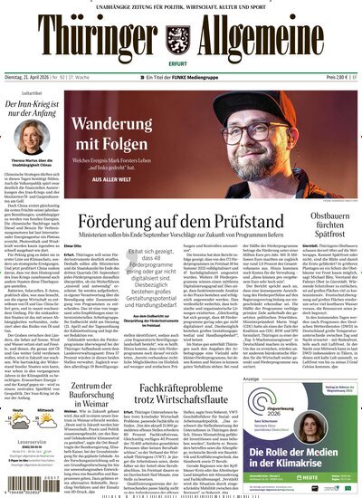 Titelbild der Ausgabe 92/2026 von Thüringer Allgemeine Erfurt. Diese Zeitschrift und viele weitere Zeitungsabos als Abo oder epaper bei United Kiosk online kaufen.