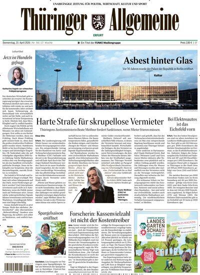 Titelbild der Ausgabe 94/2026 von Thüringer Allgemeine Erfurt. Diese Zeitschrift und viele weitere Zeitungsabos als Abo oder epaper bei United Kiosk online kaufen.
