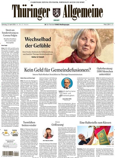 Titelbild der Ausgabe 96/2026 von Thüringer Allgemeine Erfurt. Diese Zeitschrift und viele weitere Zeitungsabos als Abo oder epaper bei United Kiosk online kaufen.