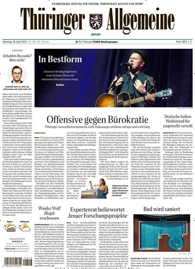 Titelbild der Ausgabe 98/2026 von Thüringer Allgemeine Erfurt. Diese Zeitschrift und viele weitere Zeitungsabos als Abo oder epaper bei United Kiosk online kaufen.